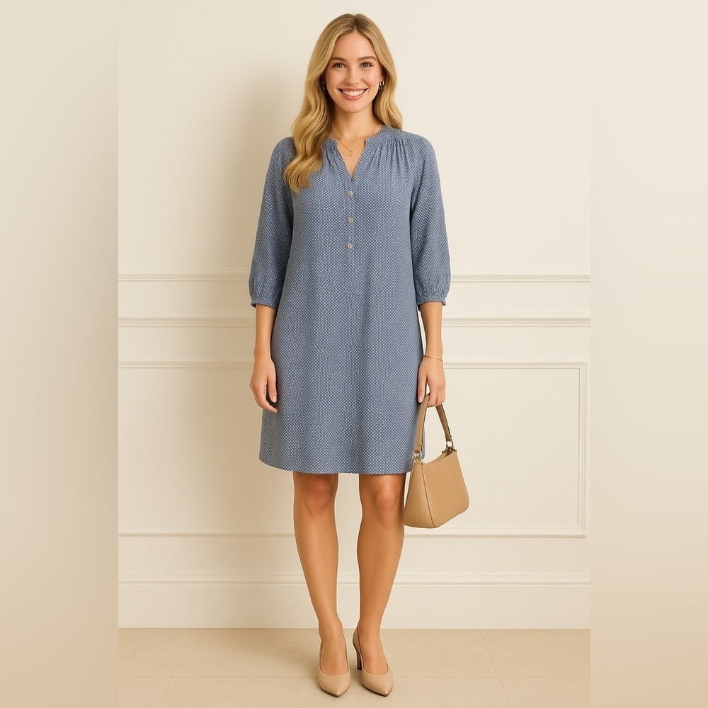 Ulla Johnson Mini Poka Dot Print Henley Shift Dress in Blue Combo Size 6.